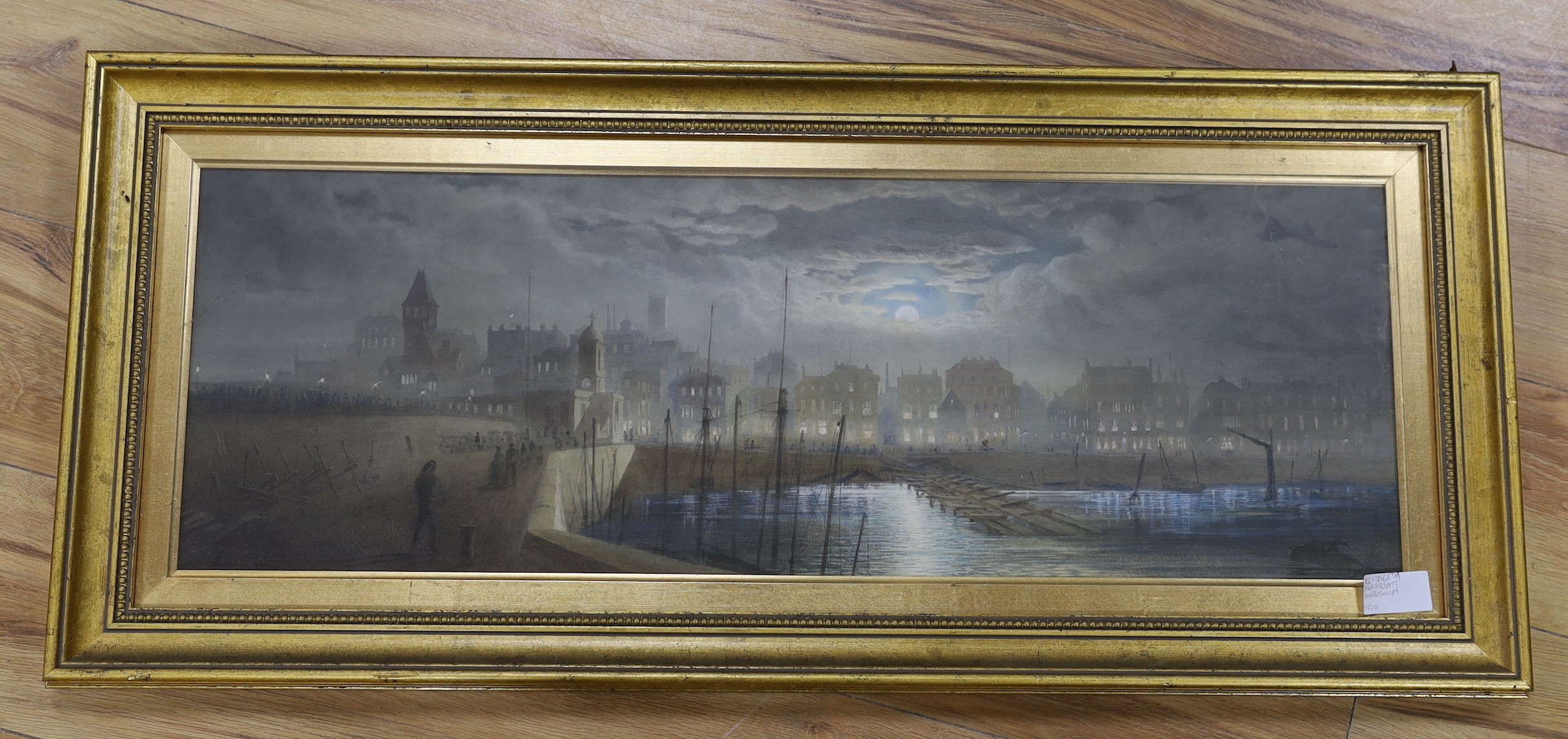 Elizabeth Arkwright, 19th century, gouache, Scarborough, A night time scene, provenance and gallery label verso, 26 x 79cm